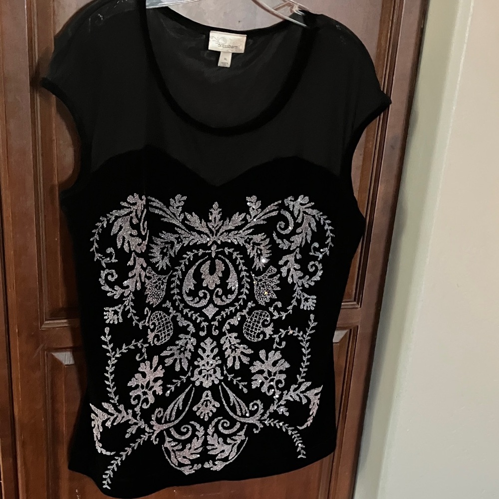 Dressbarn Black Top with Silver Embroidery